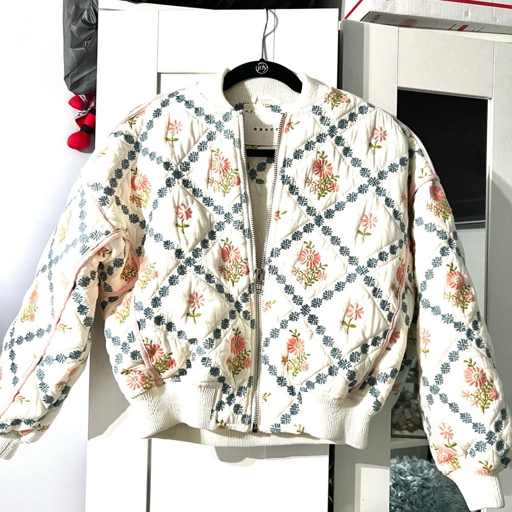 Blank NYC Cream Quilted Floral Bomber with Pink & Blue Accents